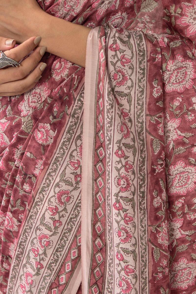 Purple Hand Block Printed Cotton Silk Saree