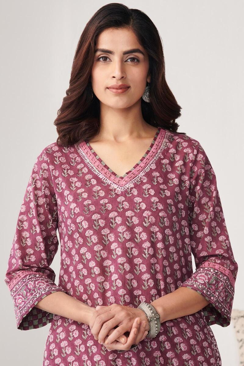 Purple Hand Block Printed A-Line Cotton Kurta