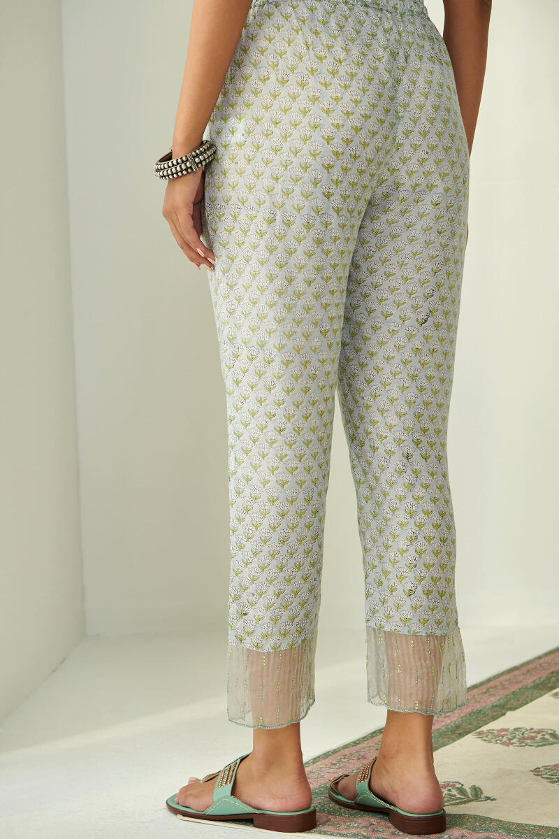 Green Hand Block Printed Modal Narrow Pants
