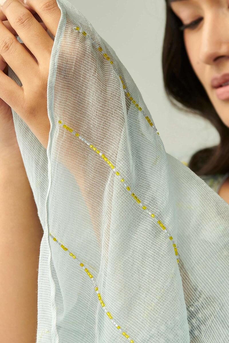 Green Hand Block Printed Cotton Silk Dupatta