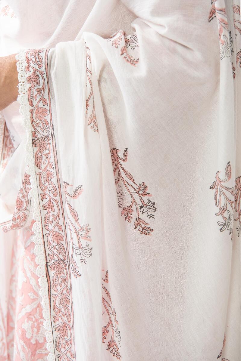 White Hand Block Printed Cotton Dupatta