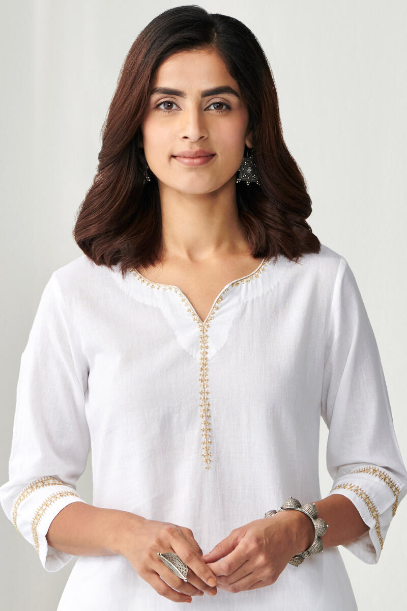 White Handcrafted Straight Cotton Kurta
