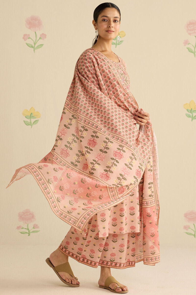 Peach Printed Straight Cotton Kurta