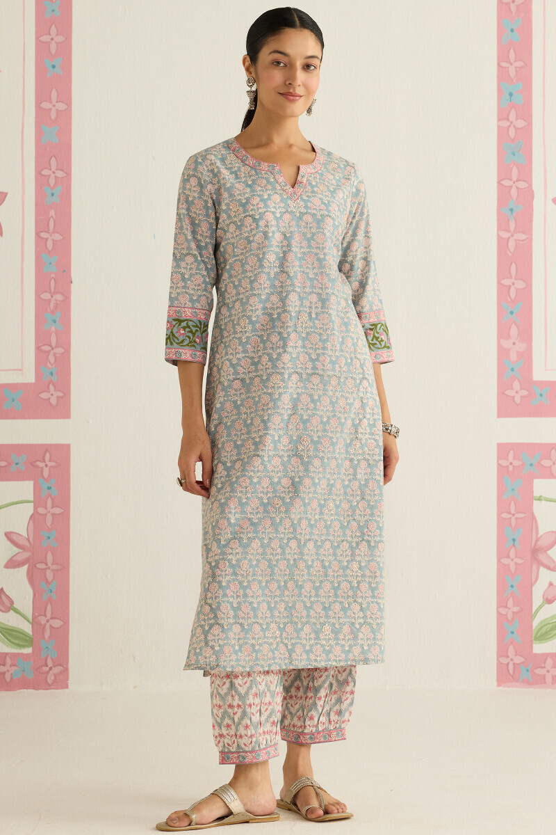 Grey Hand Block Printed Straight Cotton Kurta