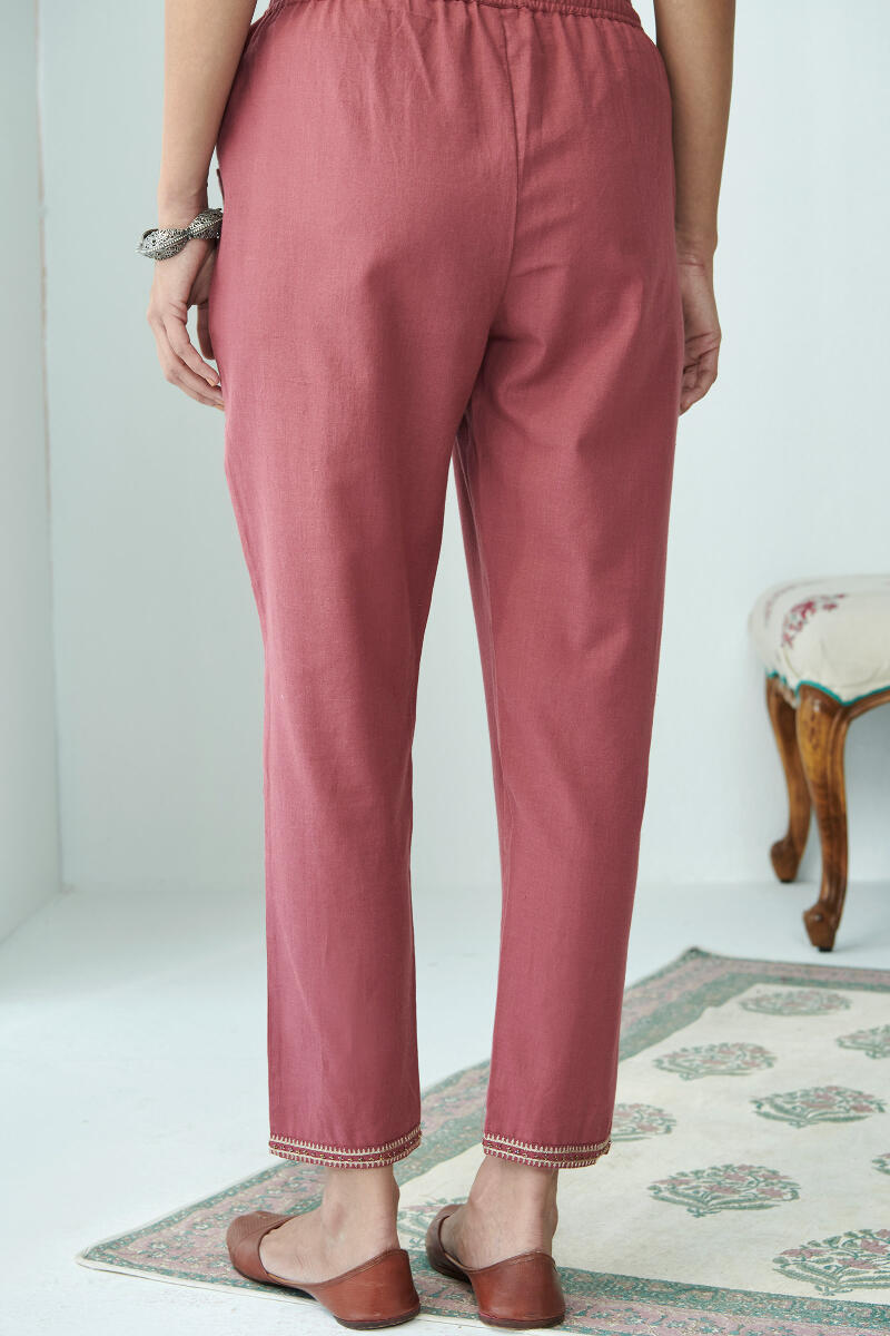 Red Handcrafted Cotton Narrow Pants