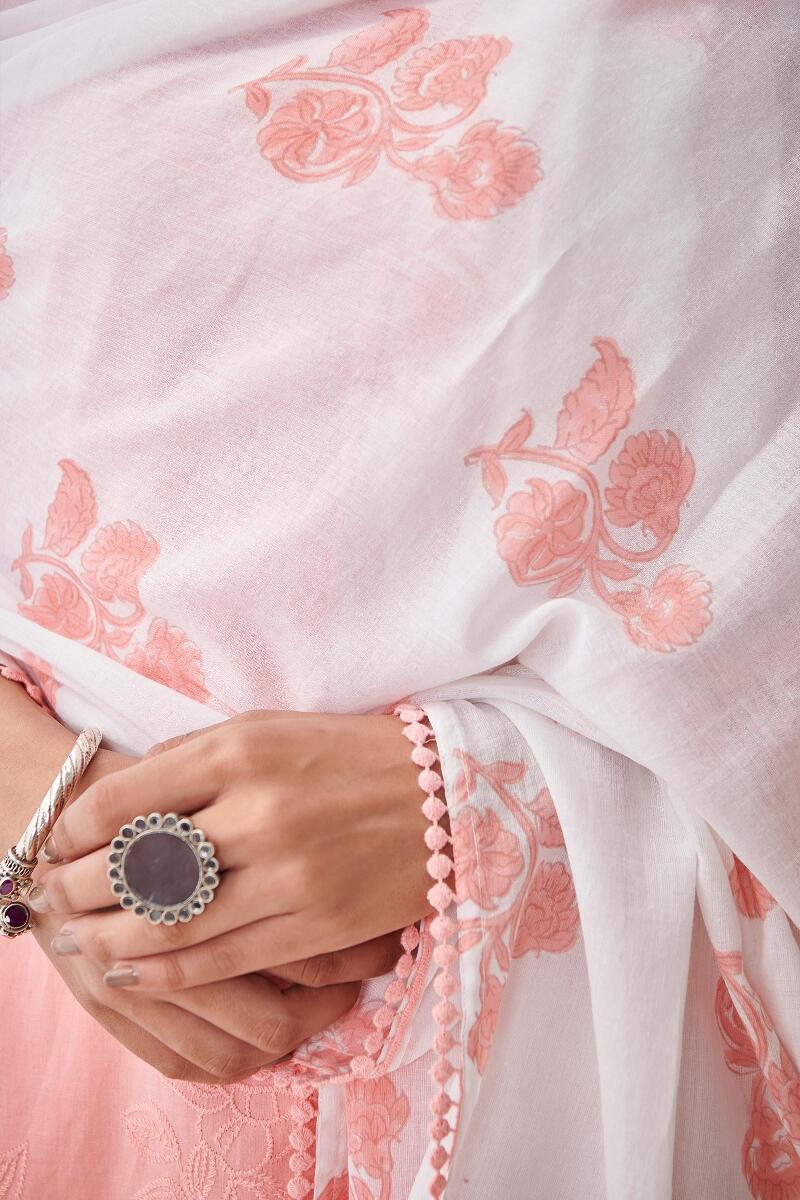 White Hand Block Printed Cotton Dupatta