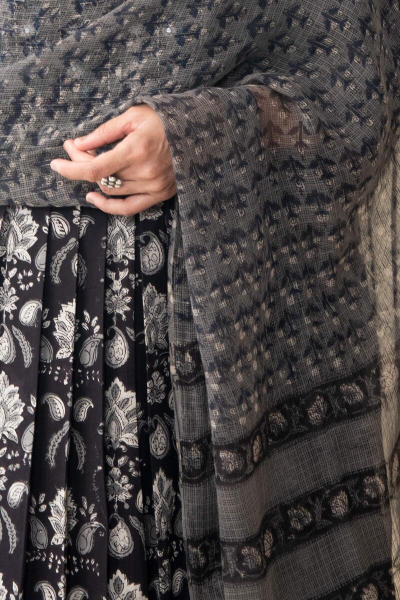 Black Hand Block Printed Kota Dupatta