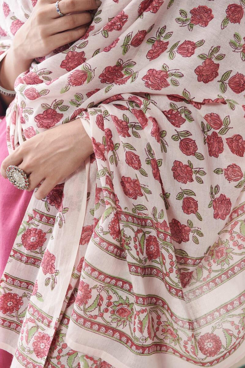 White Hand Block Printed Cotton Mul Dupatta