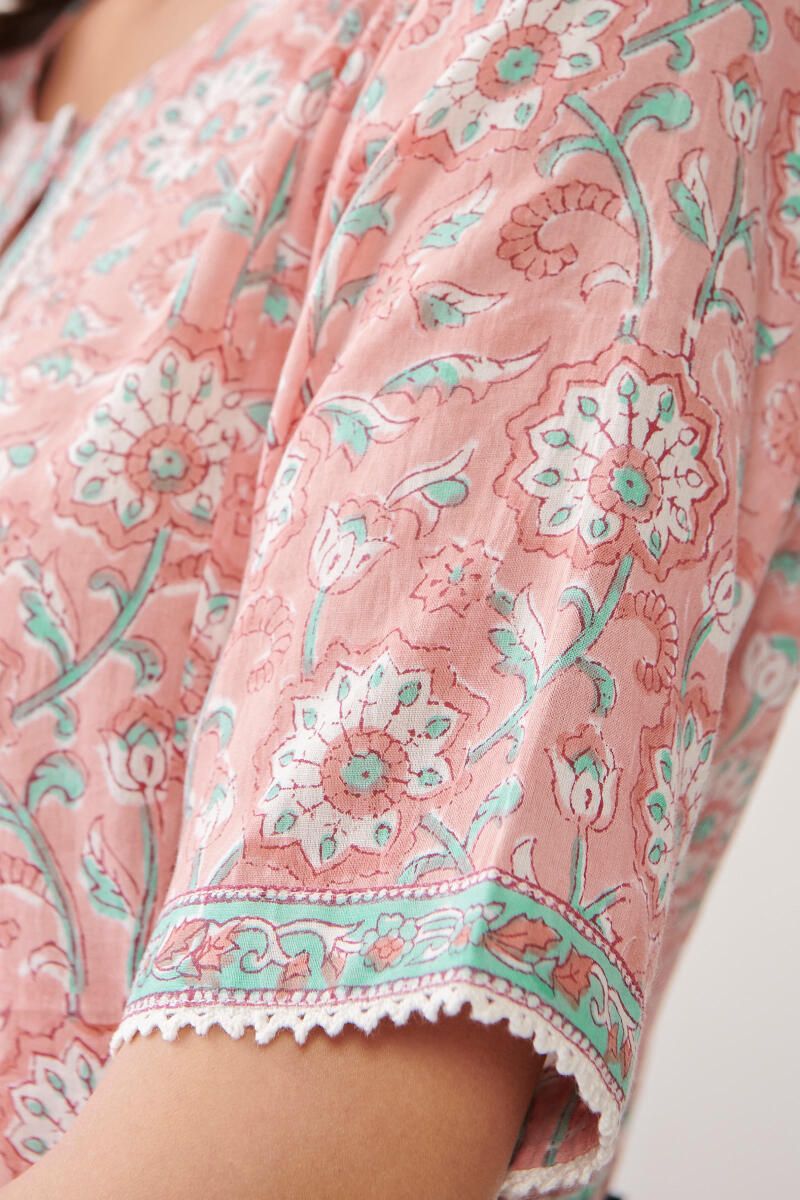 Pink Hand Block Printed A-Line Cotton Kurta