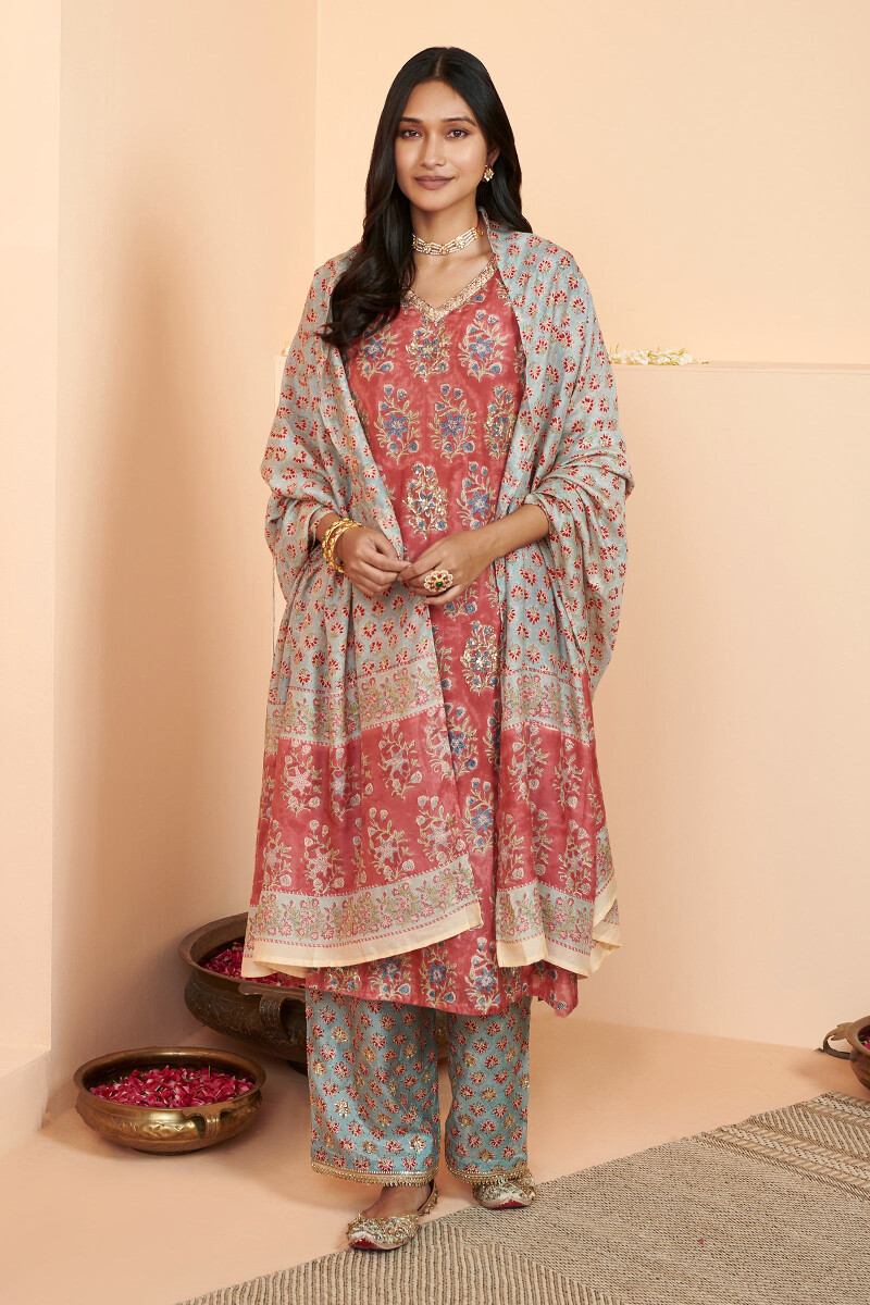 Red Hand Block Printed Straight Modal Kurta