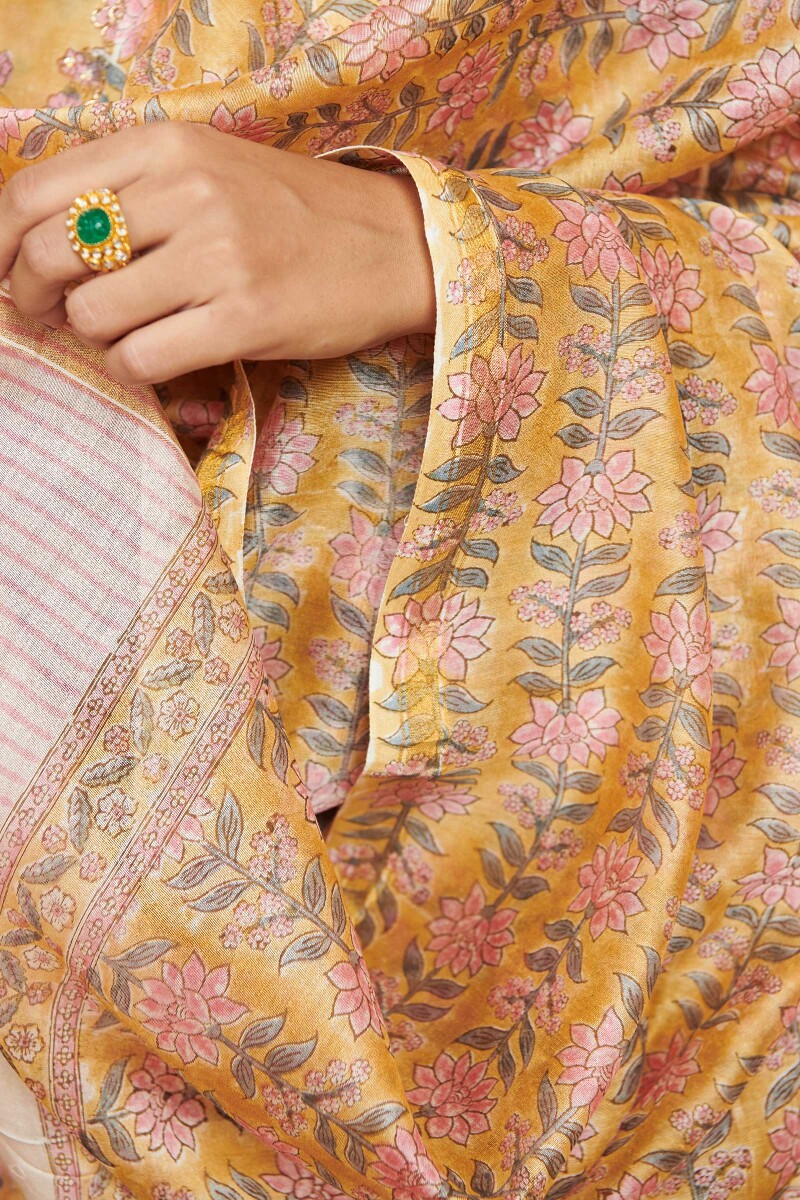 Yellow Hand Block Printed Chanderi Dupatta