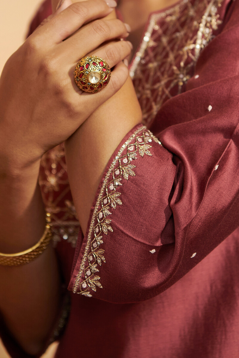 Maroon Handcrafted Straight Chanderi Kurta