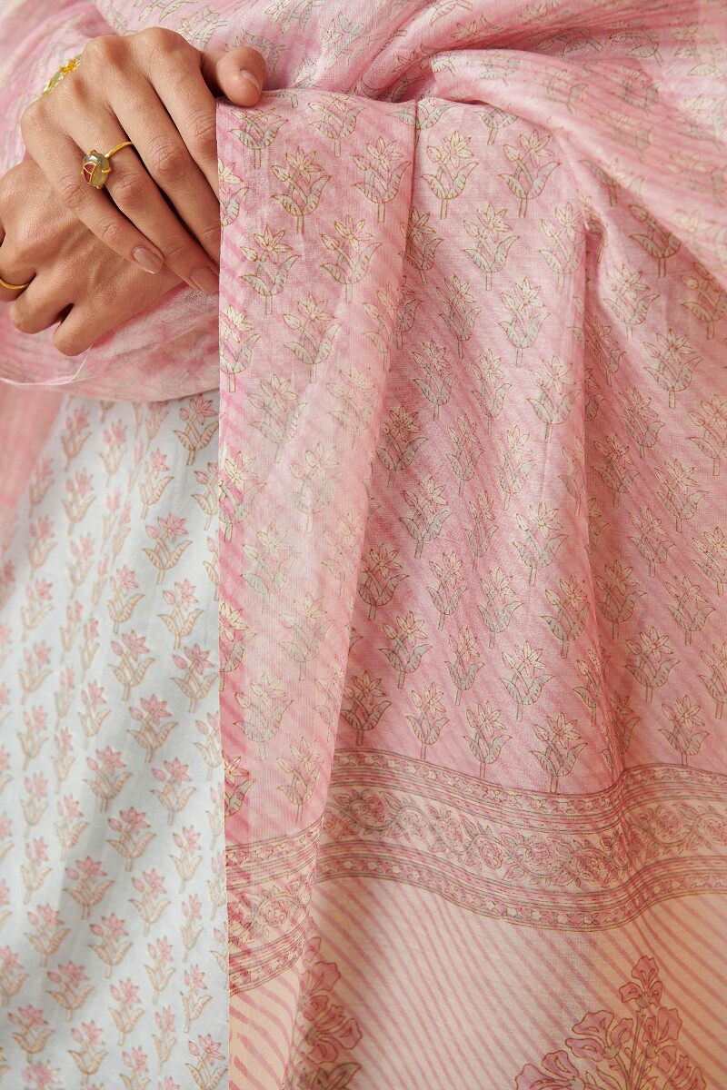 Pink Hand Block Printed Chanderi Dupatta