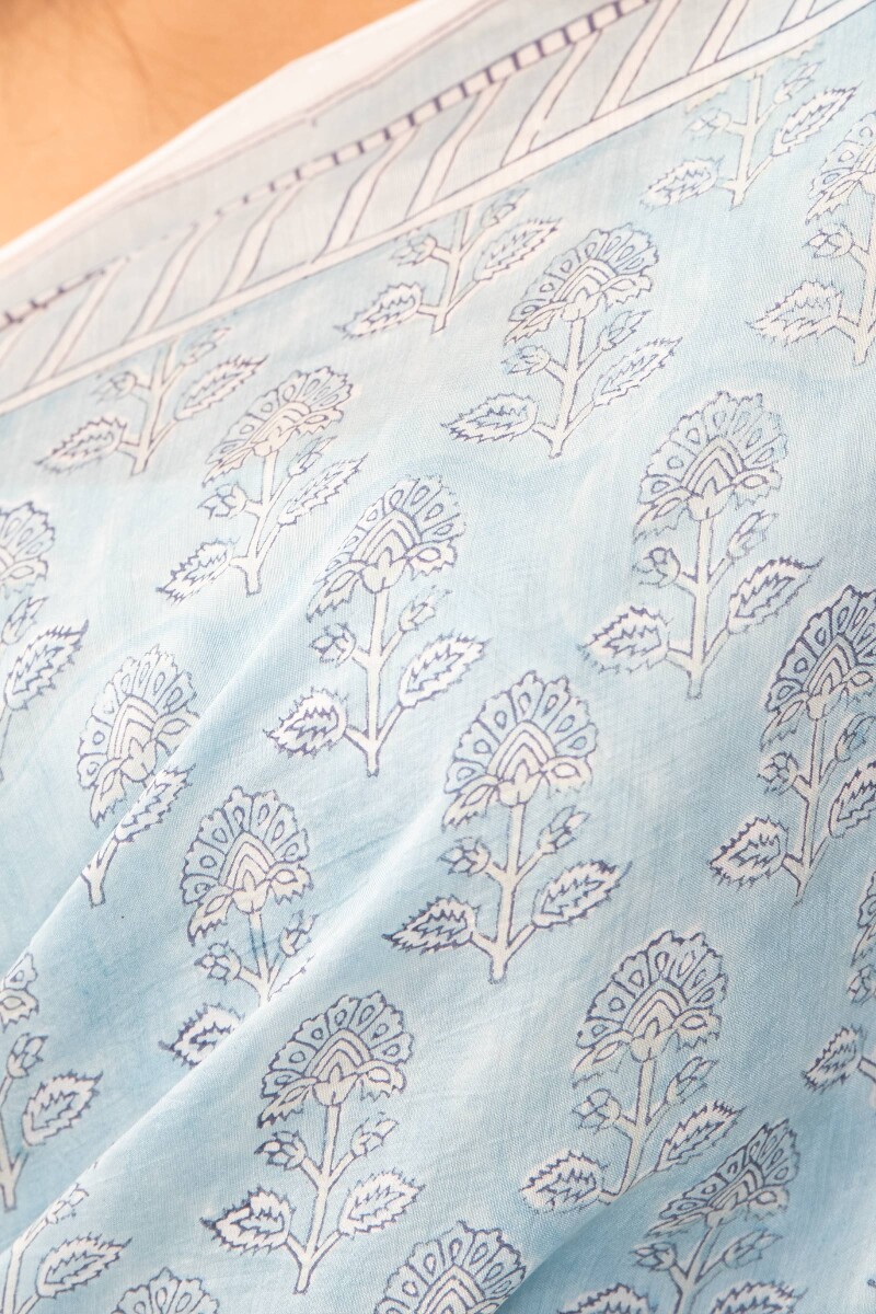 Blue Hand Block Printed Cotton Silk Saree