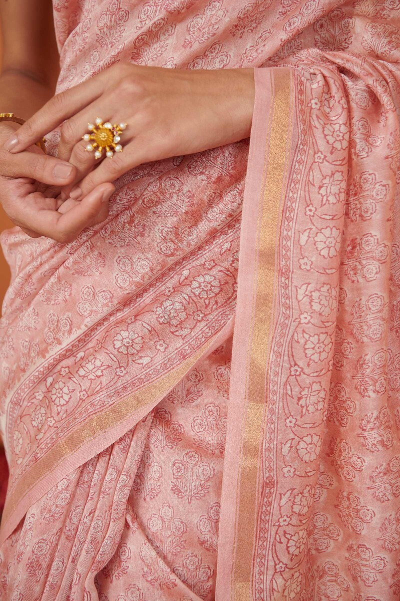 Pink Hand Block Printed Chanderi Saree