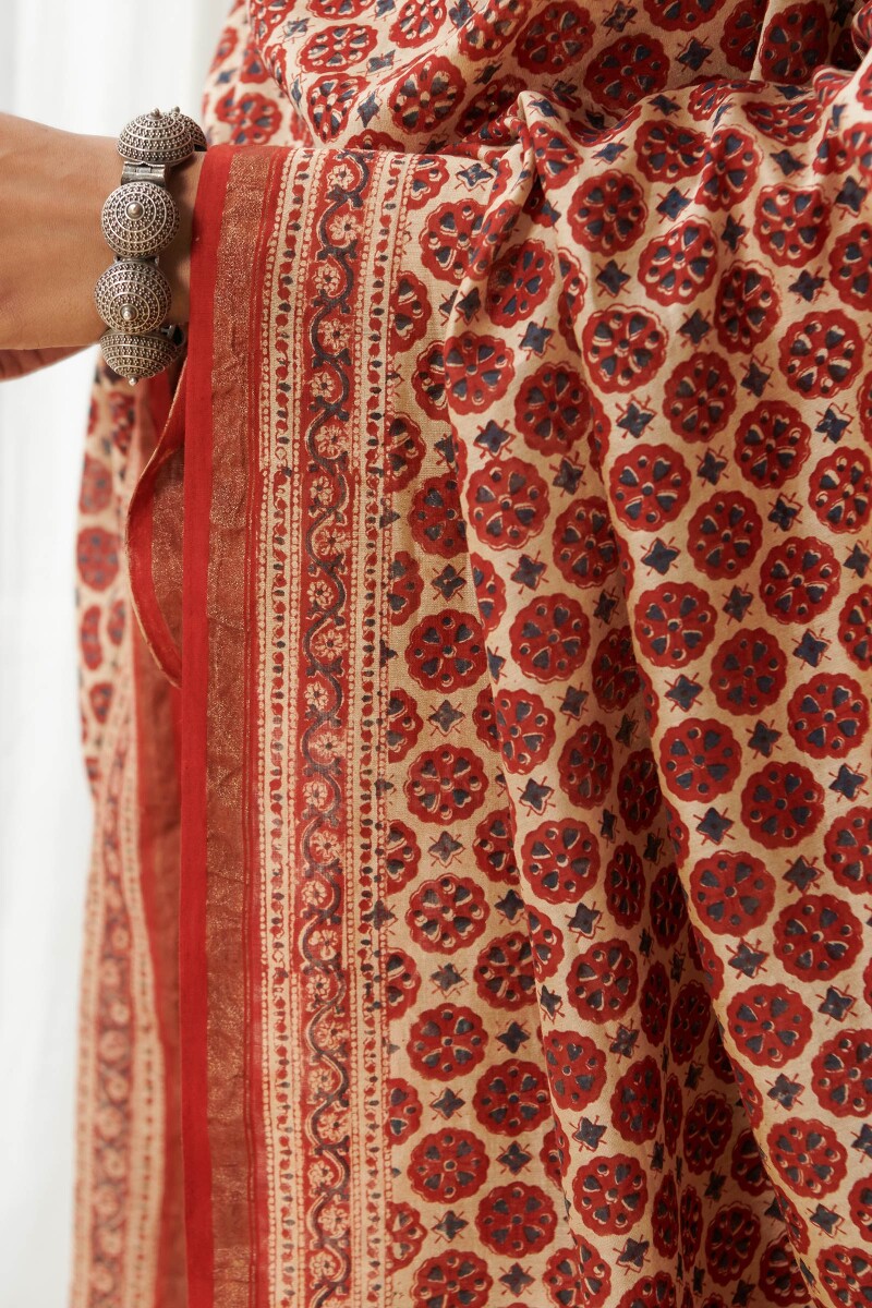 Red Hand Block Printed Chanderi Dupatta