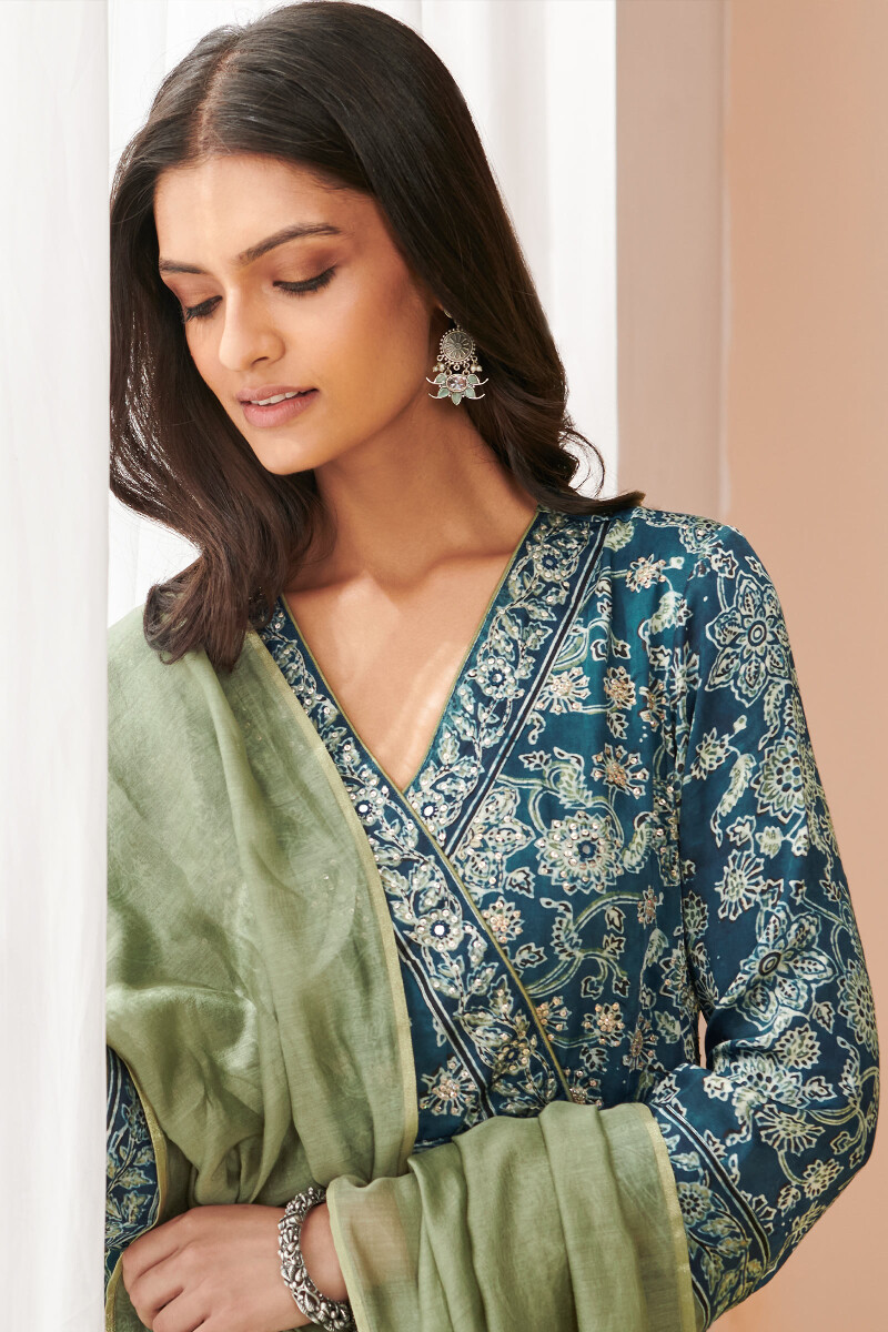 Green Hand Block Printed Cotton Silk Dupatta