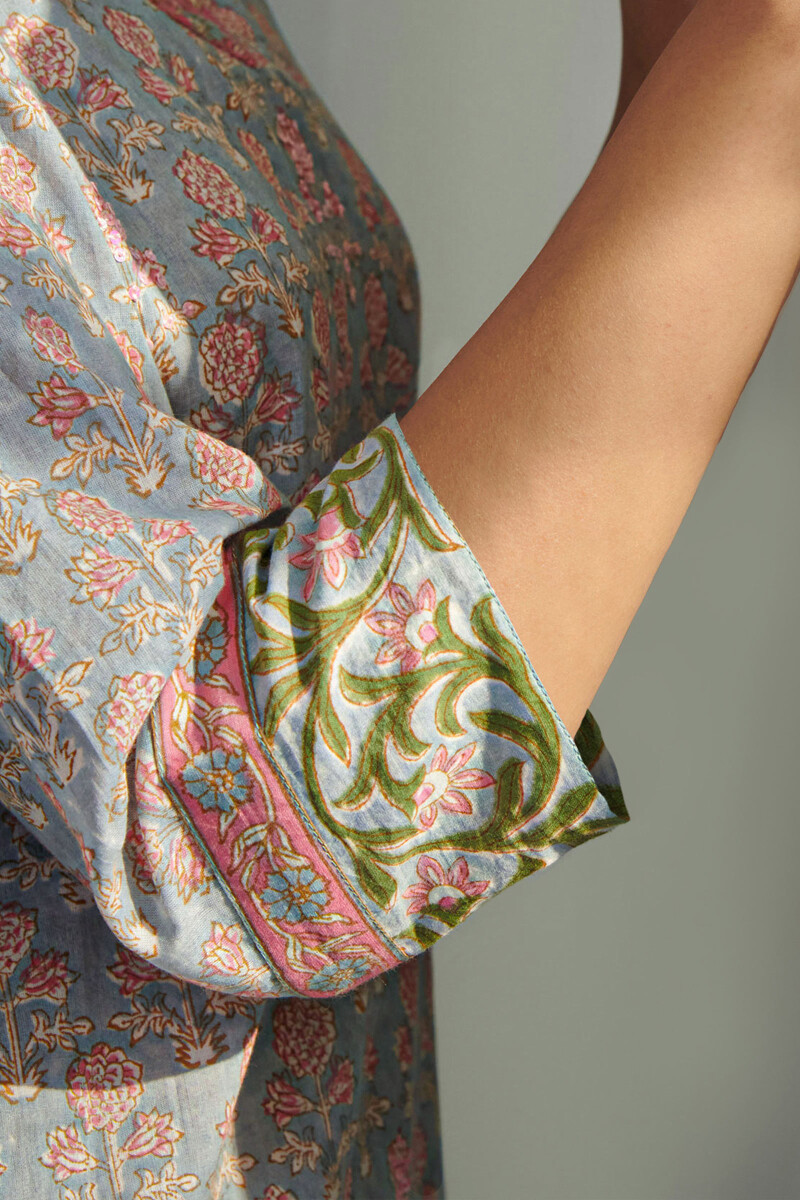 Grey Hand Block Printed Straight Cotton Kurta