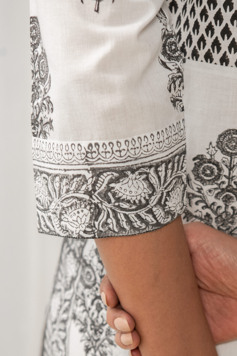 White Hand Block Printed Straight Cotton Kurta