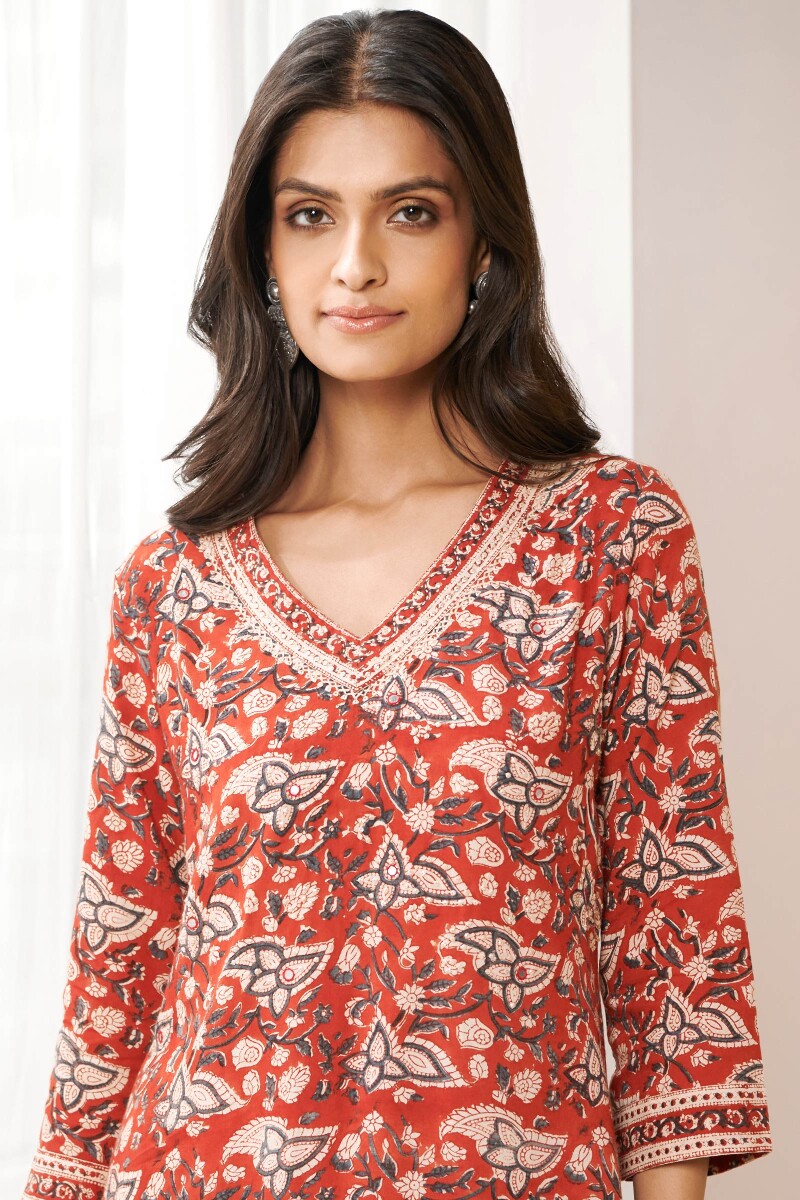 Red Hand Block Printed Straight Modal Kurta