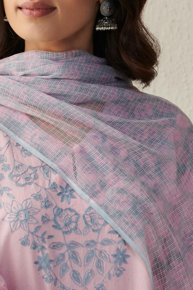 Grey Block Printed Kota Dupatta