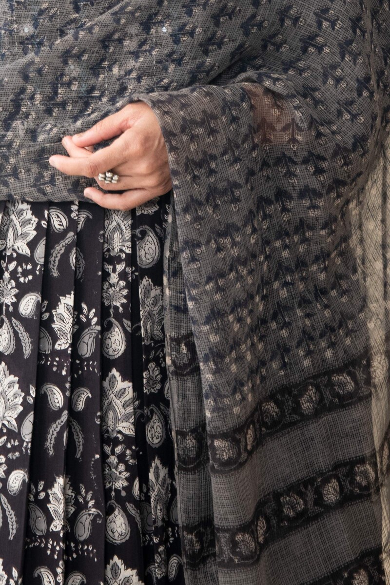 Black Hand Block Printed Kota Dupatta