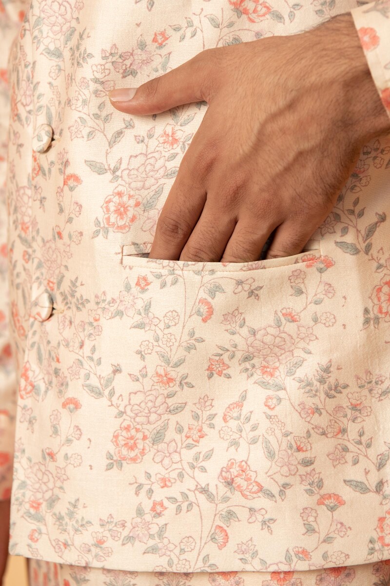 Pink Hand Block Printed Chanderi Nehru Jacket
