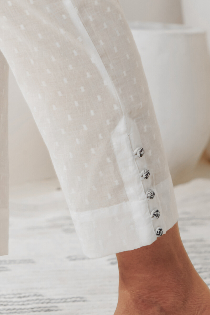 White Handcrafted Cotton Narrow Pants