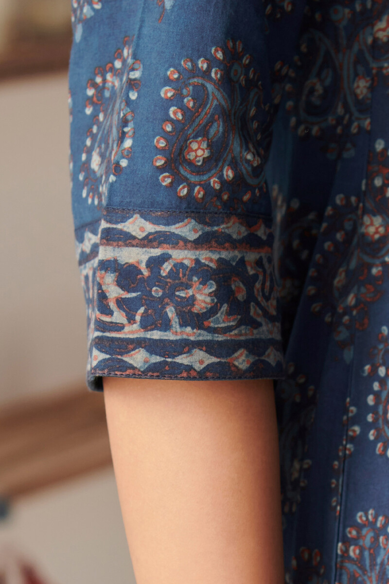 Indigo Hand Block Printed Straight Cotton Kurta
