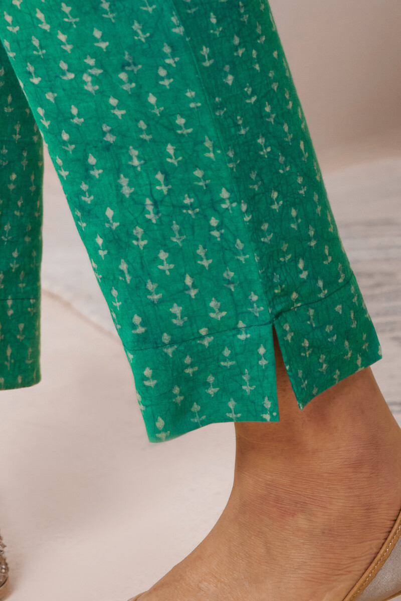 Green Hand Block Printed Cotton Narrow Pants