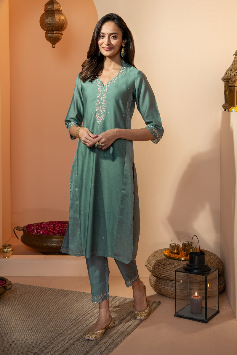 Green Handcrafted Straight Chanderi Kurta