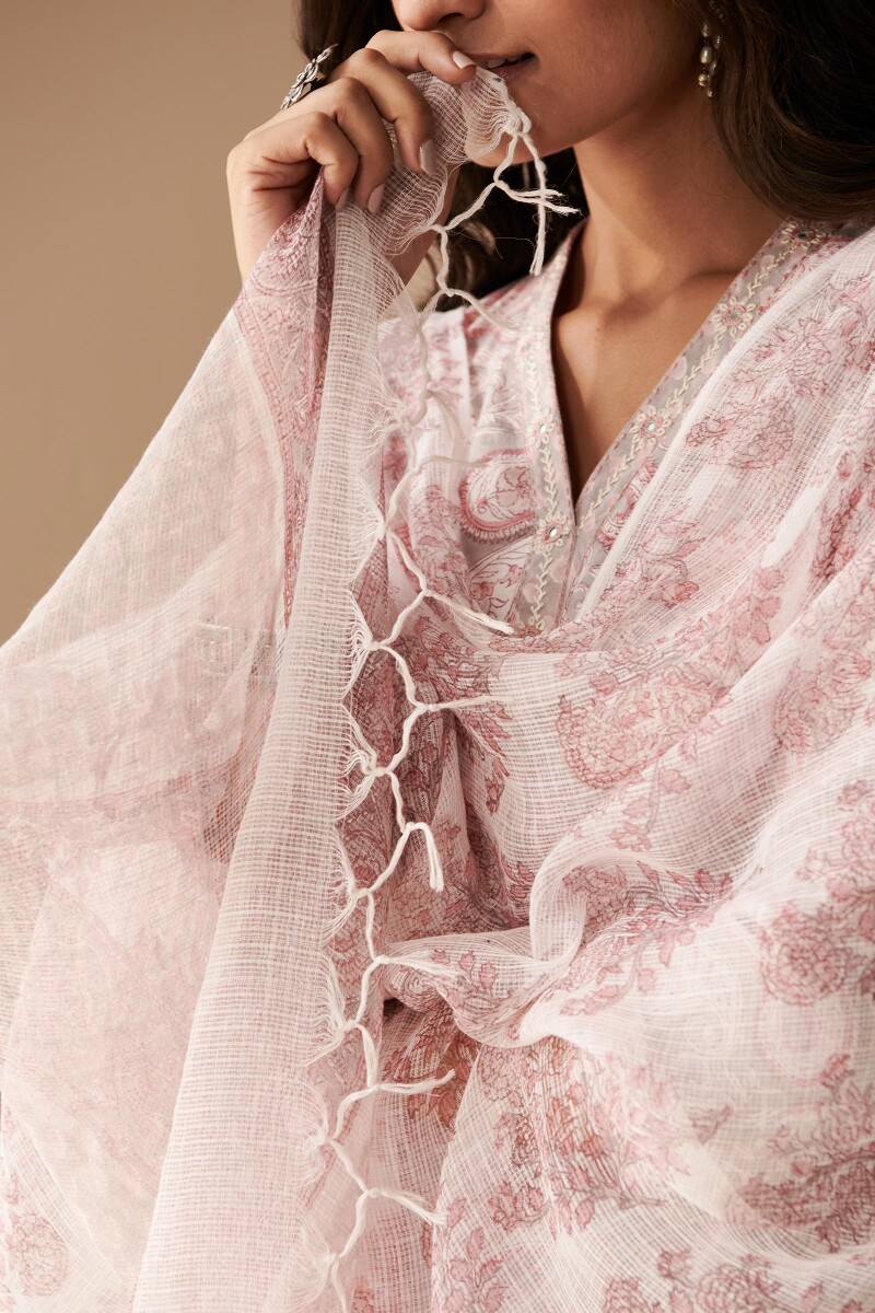 White Hand Block Printed Kota Dupatta