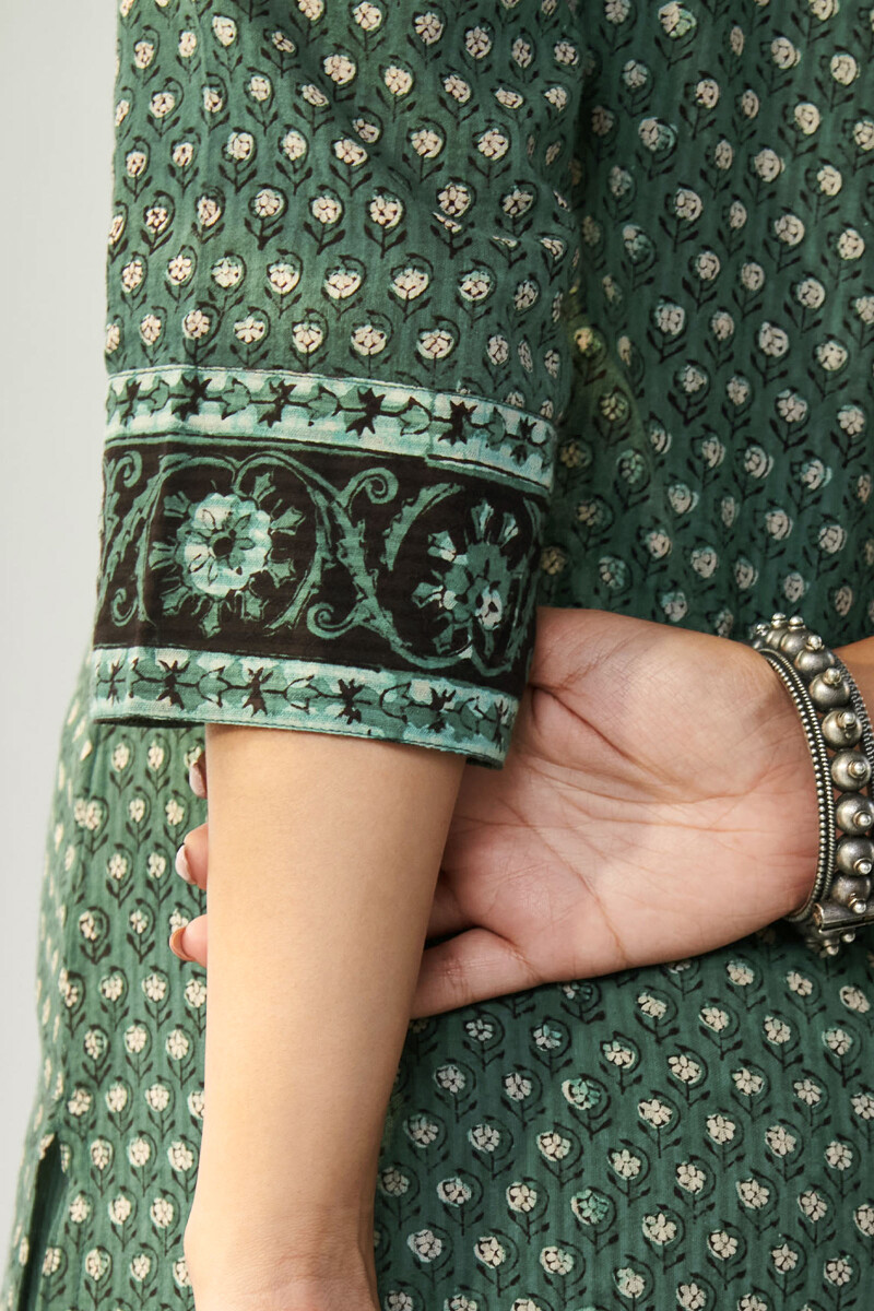 Green Hand Block Printed Straight Cotton Kurta