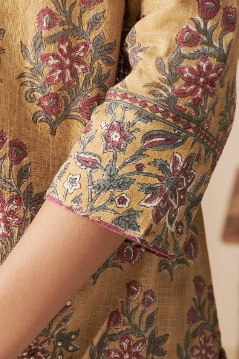 Mustard Hand Block Printed Straight Cotton Slub Kurta