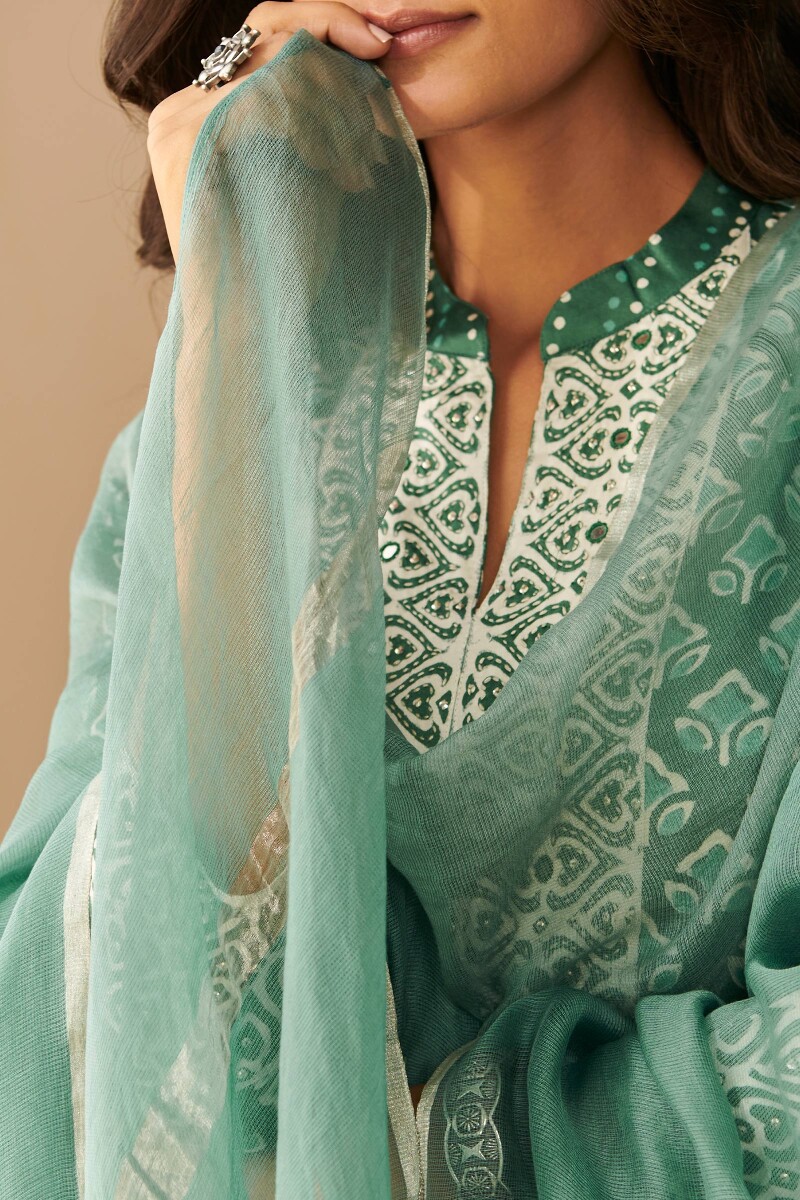 Turquoise Handcrafted Cotton Silk Dupatta