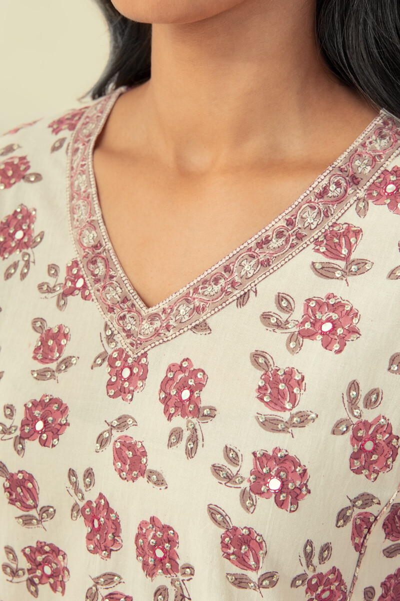 Off-White Hand Block Printed Straight Cotton Kurta