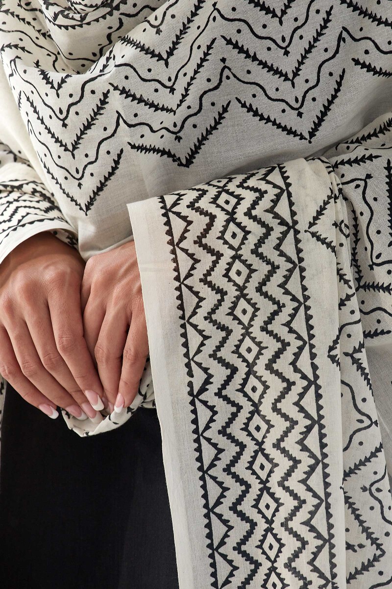 White Hand Block Printed Cotton Mul Dupatta