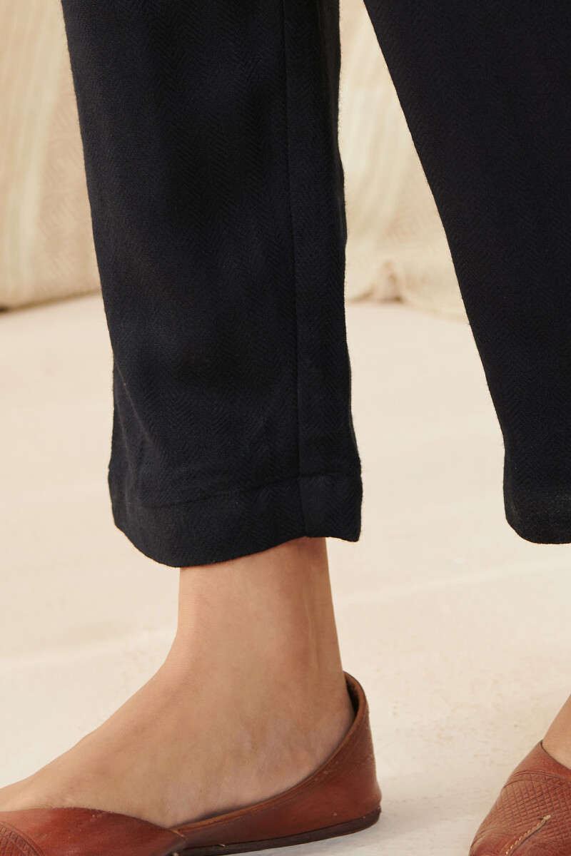 Black Handcrafted Faux Wool Handloom Narrow Pants