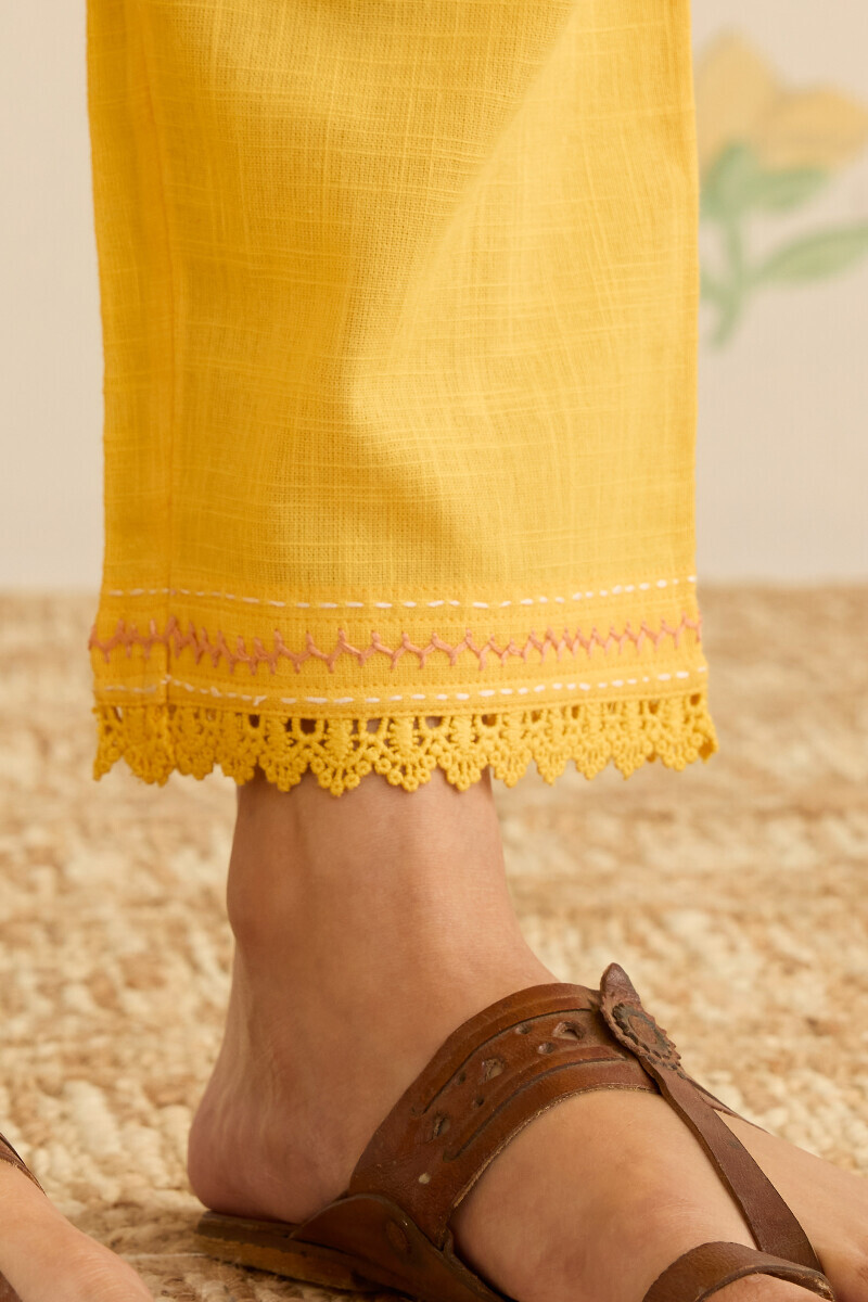 Yellow Handcrafted Gauze Slub Narrow Pants