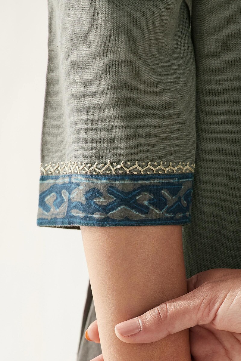 Grey Hand Block Printed Straight Handloom Kurta