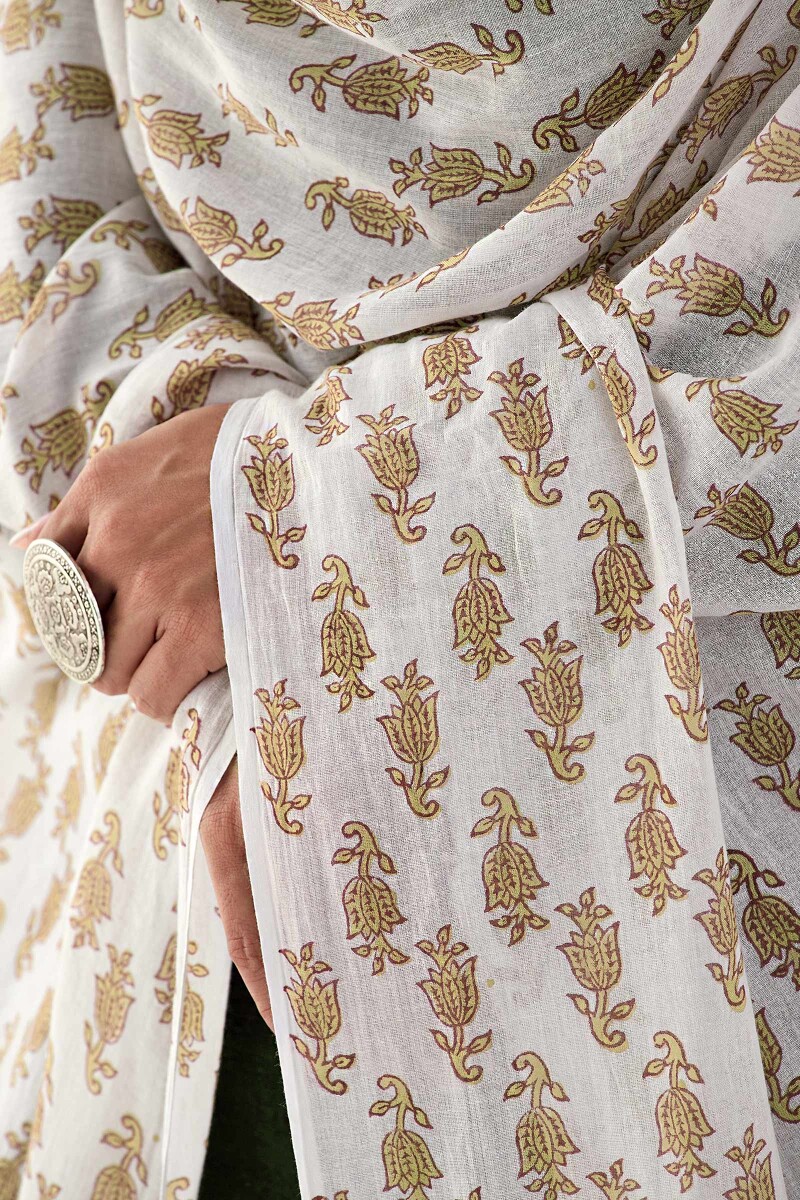 White Hand Block Printed Cotton Mul Dupatta