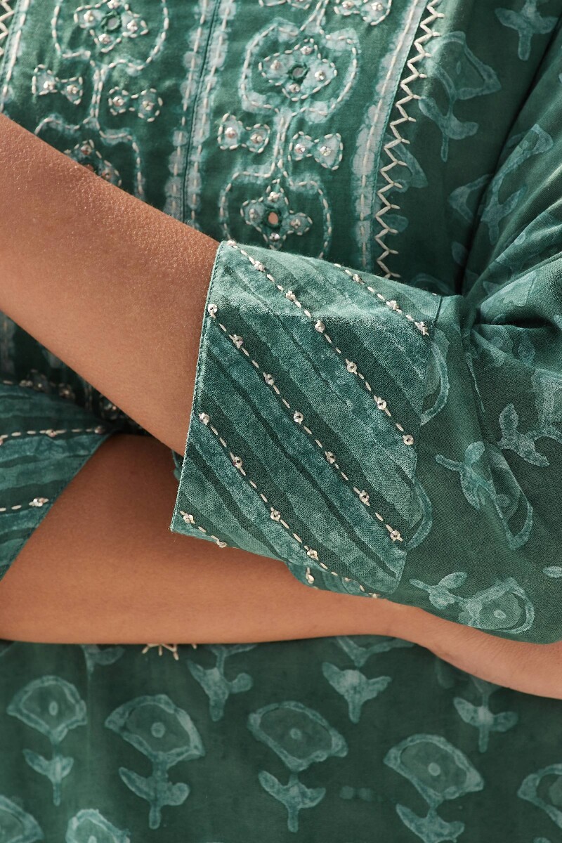 Green Hand Block Printed Straight Modal Kurta