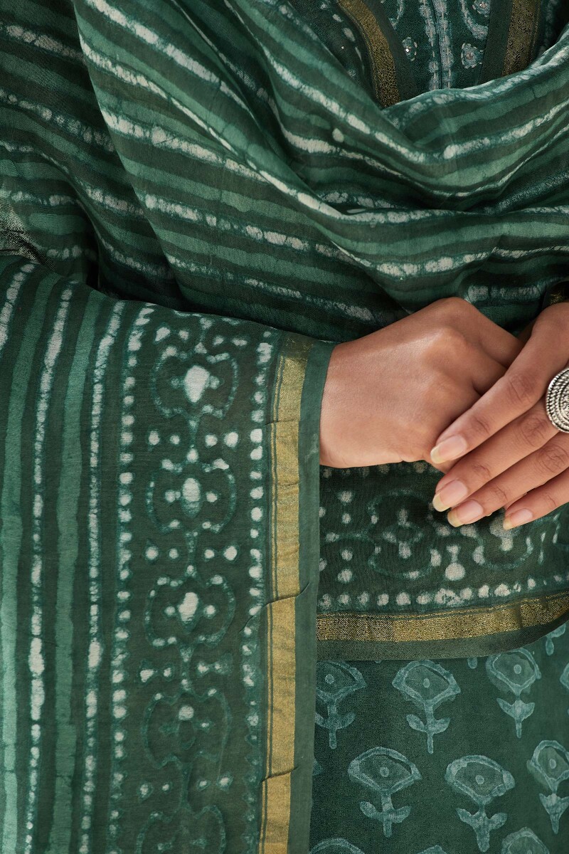 Green Hand Block Printed Chanderi Dupatta