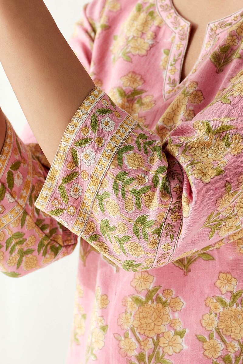 Pink Hand Block Printed Straight Cotton Flax Kurta