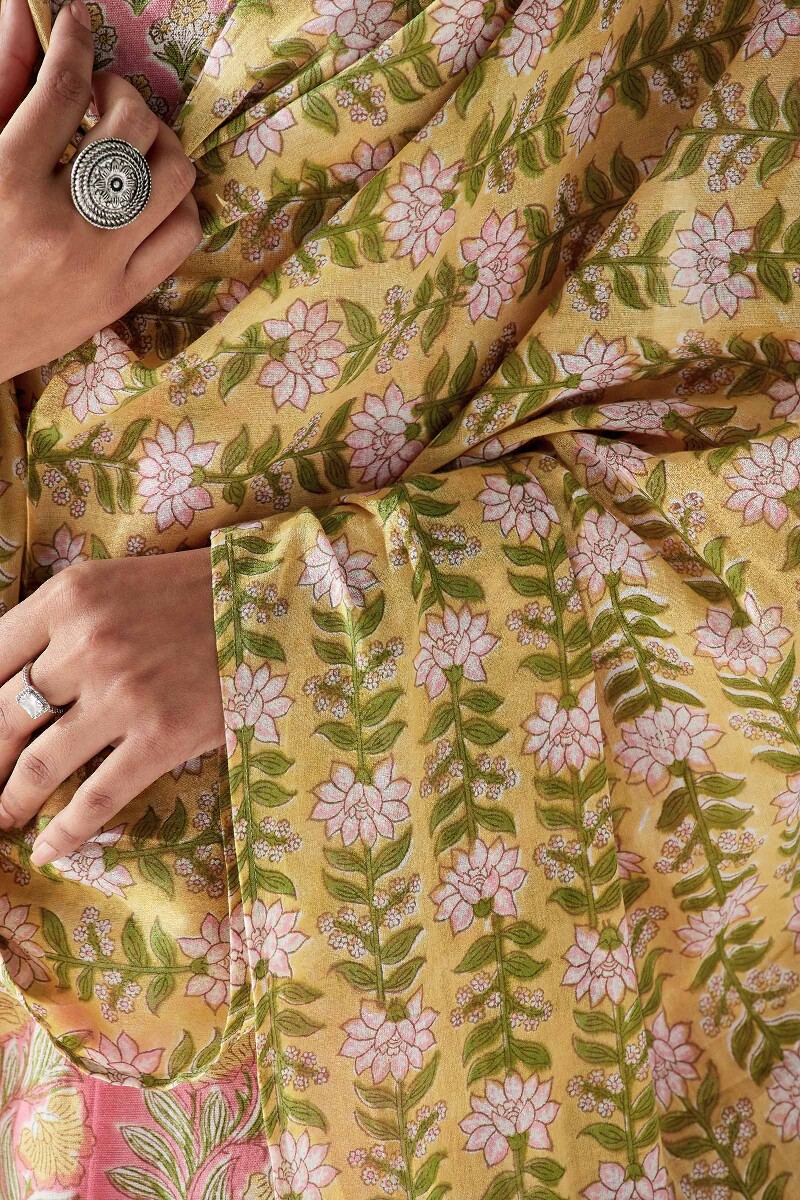 Yellow Hand Block Printed Cotton Mul Dupatta