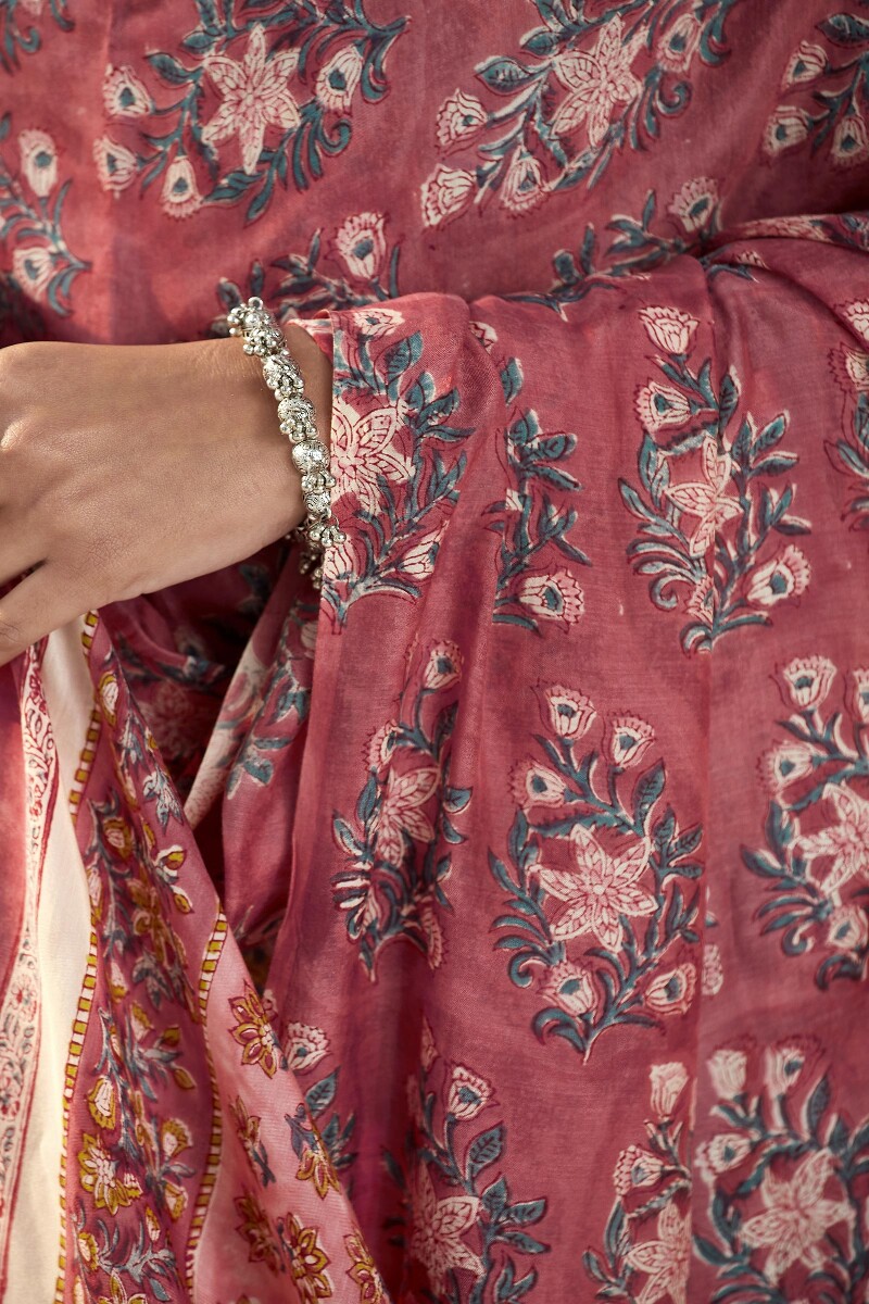Red Hand Block Printed Silky Modal Dupatta
