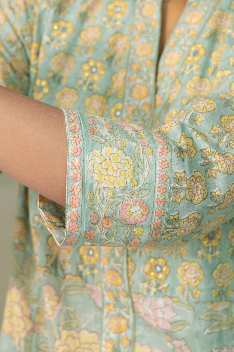 Blue Hand Block Printed A-Line Cotton Mul Kurta