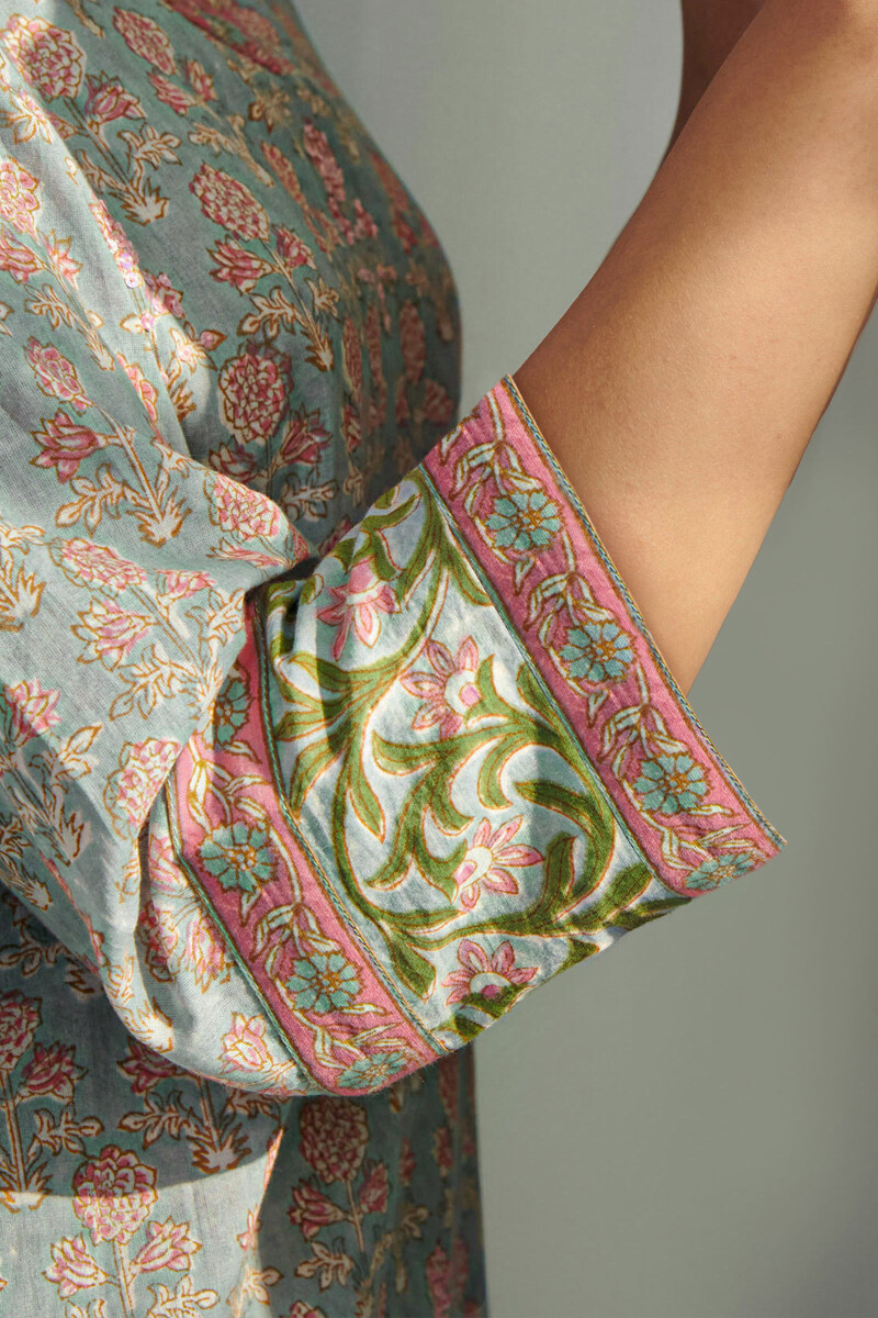 Grey Hand Block Printed Straight Cotton Kurta