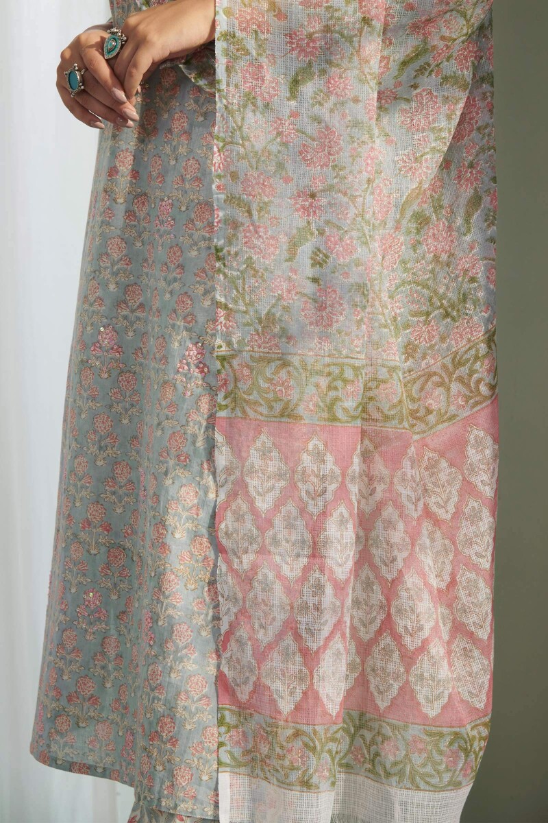 Grey Hand Block Printed Kota Dupatta