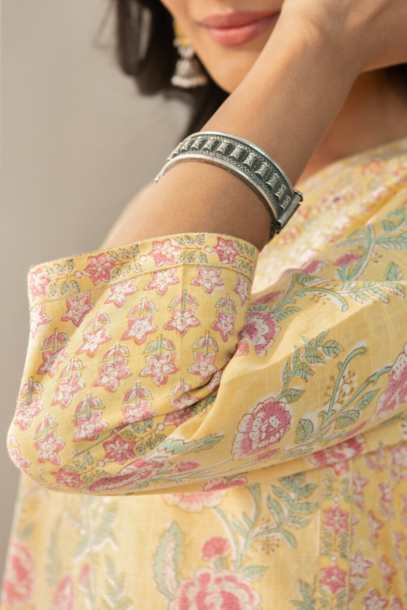 Yellow Hand Block Printed Straight Cotton Slub Kurta